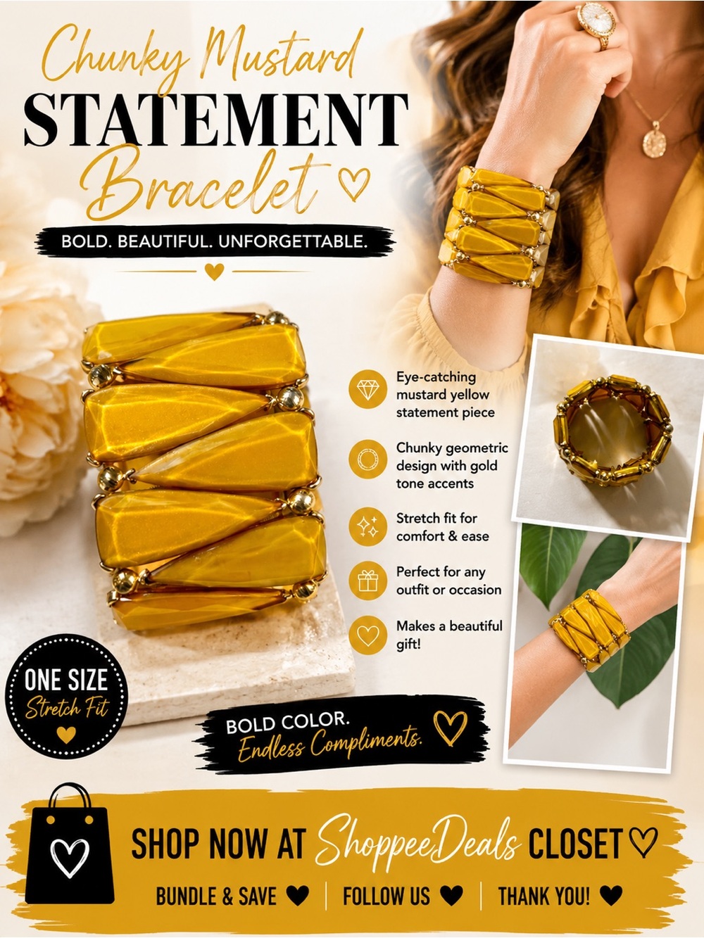 Chunky Mustard Yellow Geometric Statement Stretch Bracelet